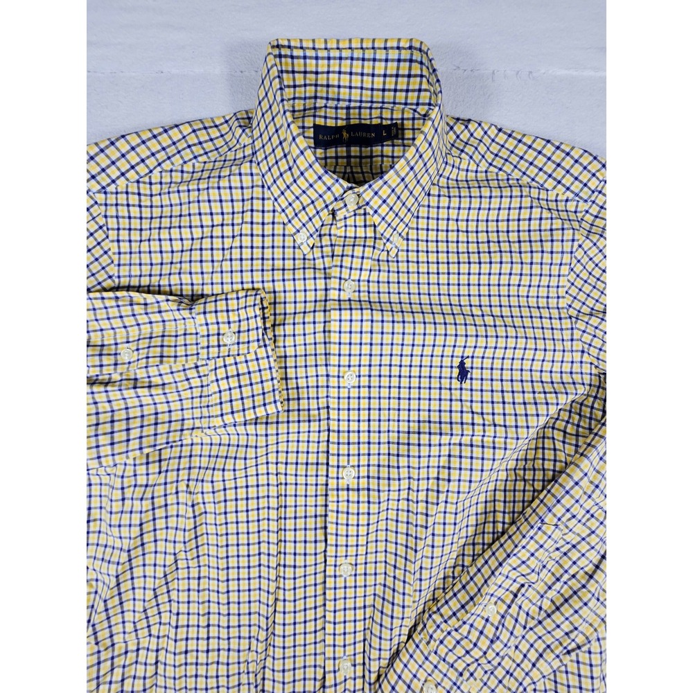 Ralph Lauren Mens Gingham Button Down Shirt Yellow Navy Blue Check Large L